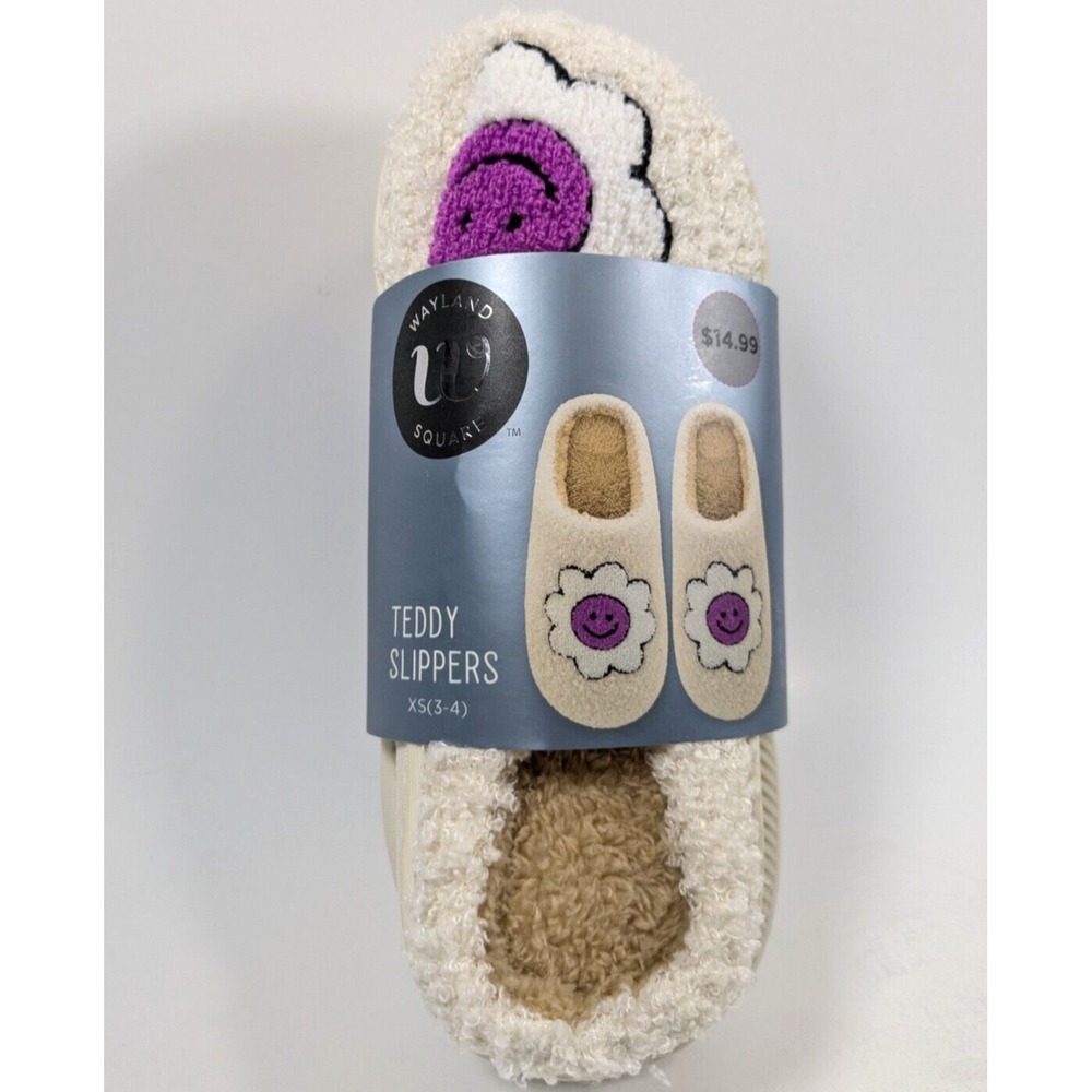 Wayland Square Flower Smiley Face Teddy Slippers Women's Size XS X-Small (3-4)